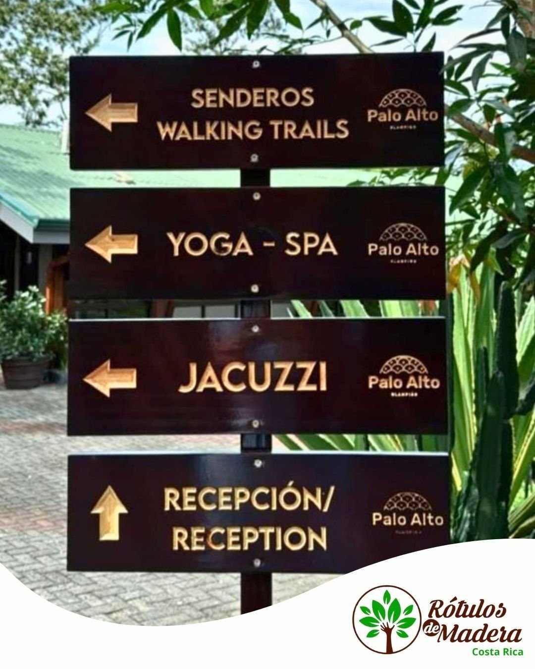 Conjunto de rótulos direccionales en madera para senderos turísticos